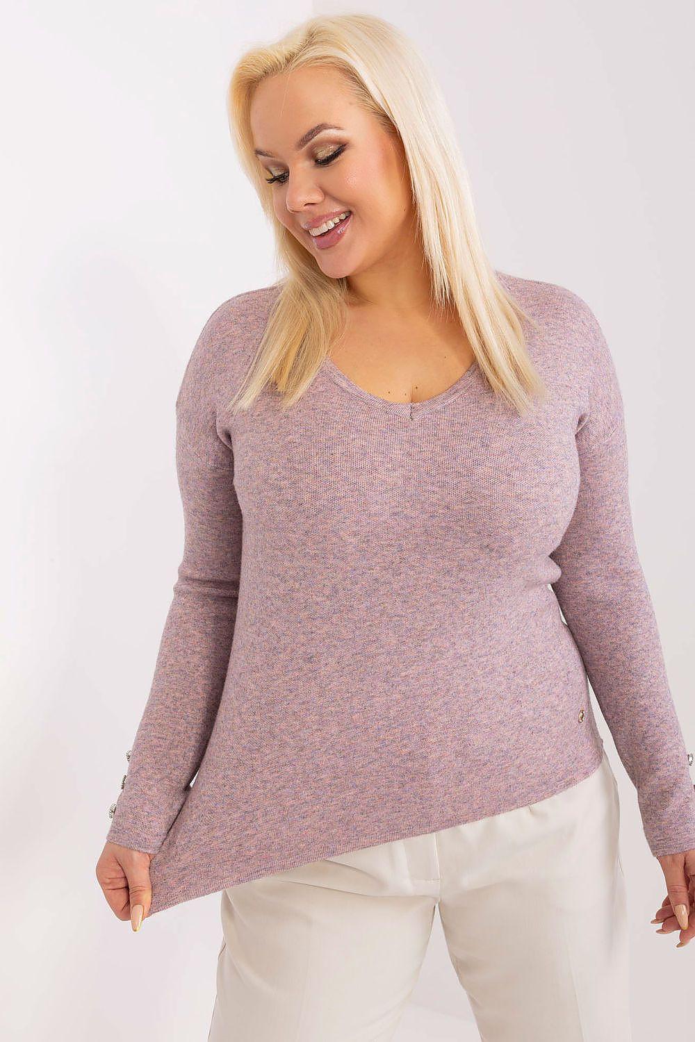 Plus size viscose jumper in heather mauve with square neckline, long sleeves, button cuffs