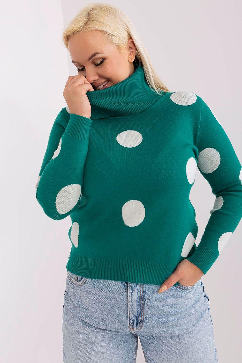 Plus size polka dot turtleneck jumper, green knit with white dots