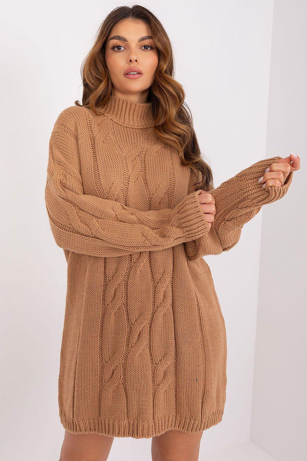 Brown cable-knit turtleneck daydress, long sleeves, mini length