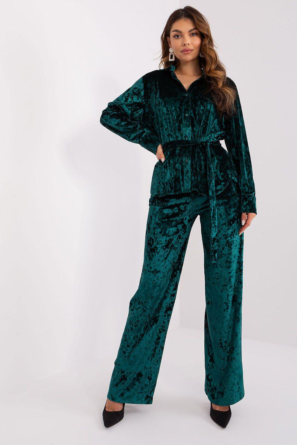 Green velour loungewear set with long-sleeve button top and wide-leg pants