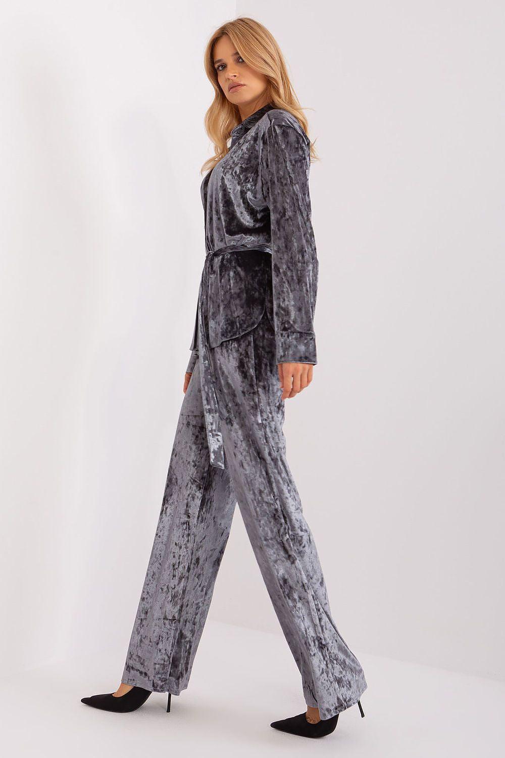 Grey velvet-look pantsuit set with tie waist V-neck top and wide-leg trousers