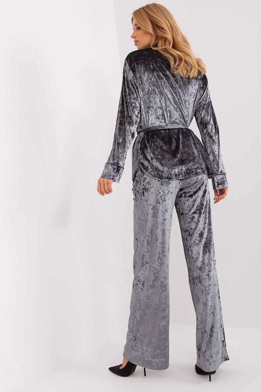Grey velvet-look pantsuit set with long sleeves, tie waist, and wide-leg trousers