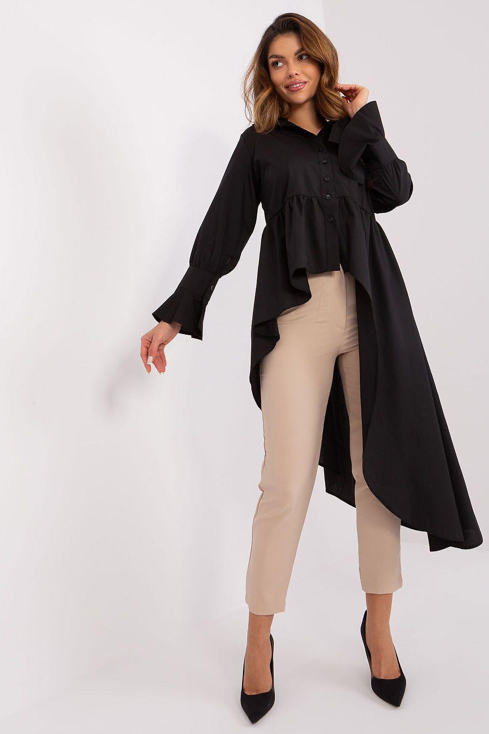 Black long-sleeve shirt with gathered waist and asymmetrical hem, buttoned front.