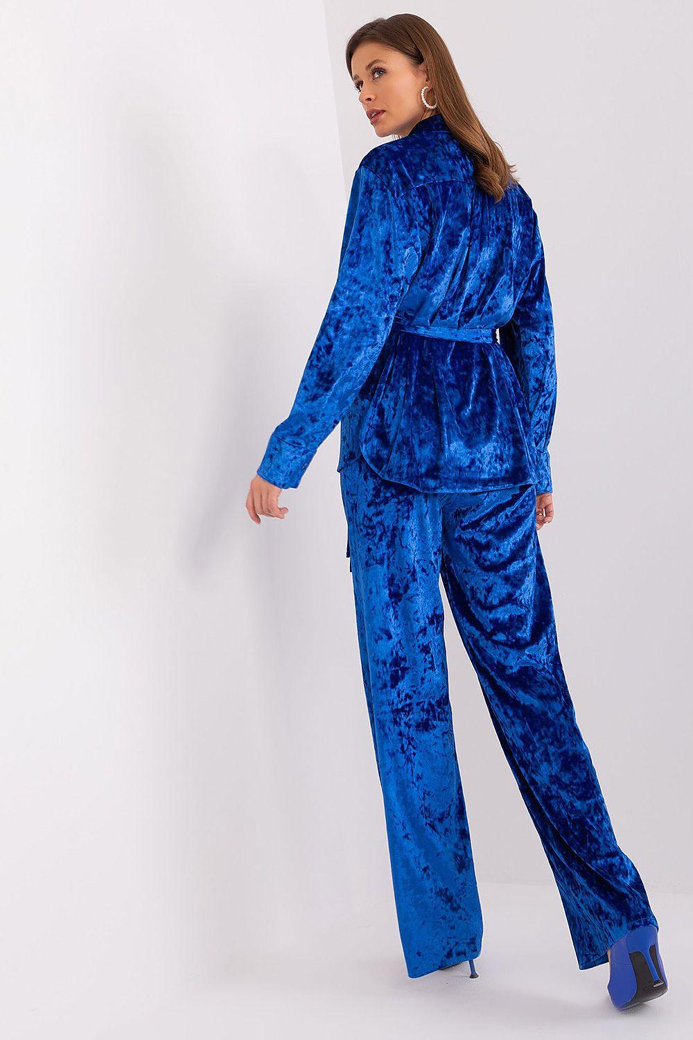 Blue velvet-look pantsuit set with long sleeves, tie waist, and wide-leg trousers
