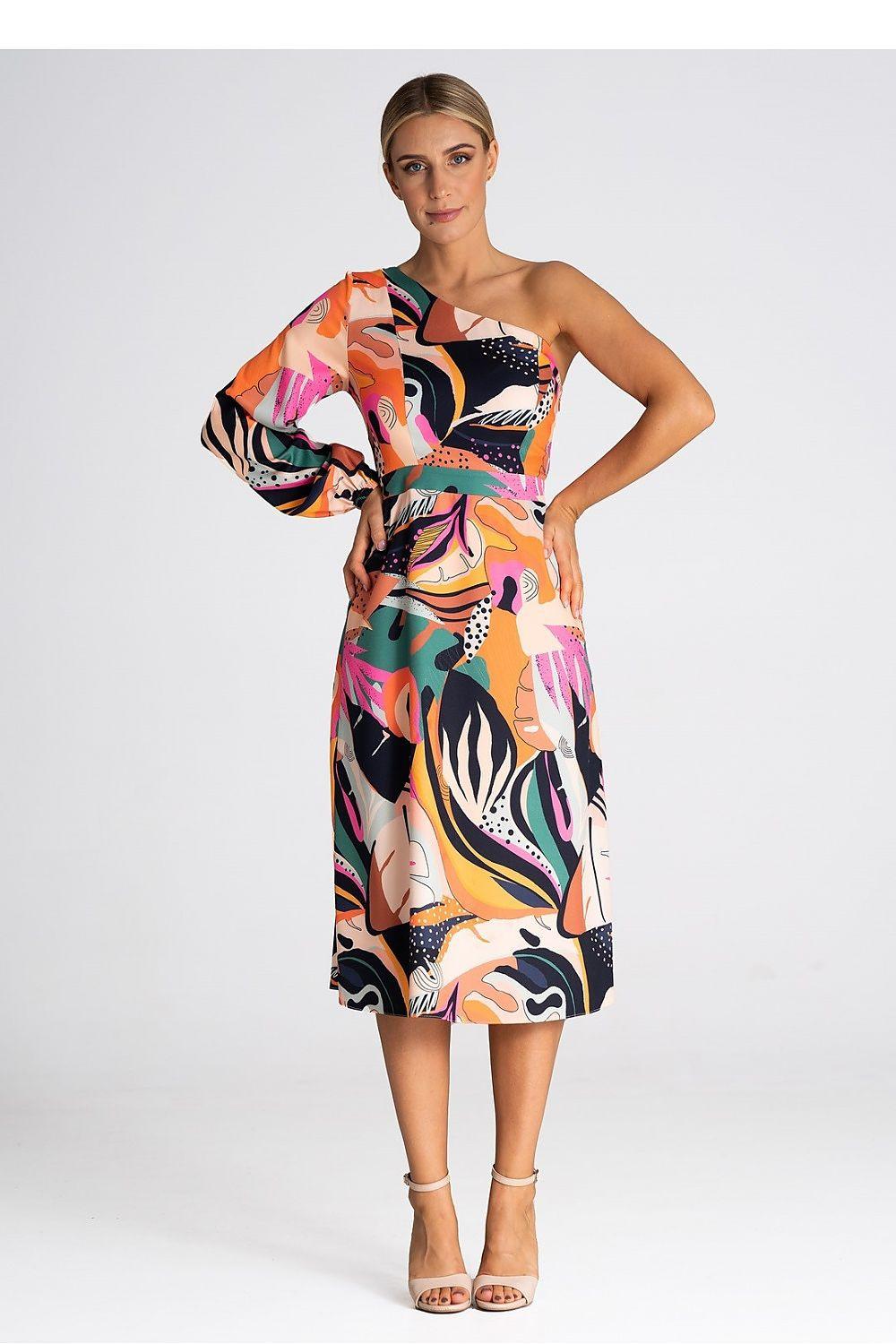 One-shoulder cocktail dress with vibrant abstract multicolor print, fitted waist, midi hem
