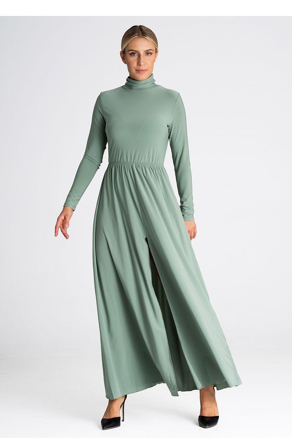 Green turtleneck long-sleeve daydress with gathered waist, flowing maxi skirt