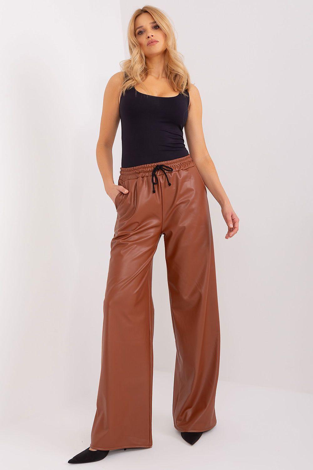 High-waist brown eco leather trousers with drawstring waist and wide straight legs