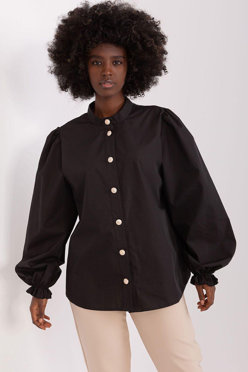 Black long sleeve shirt with button front and puff sleeves