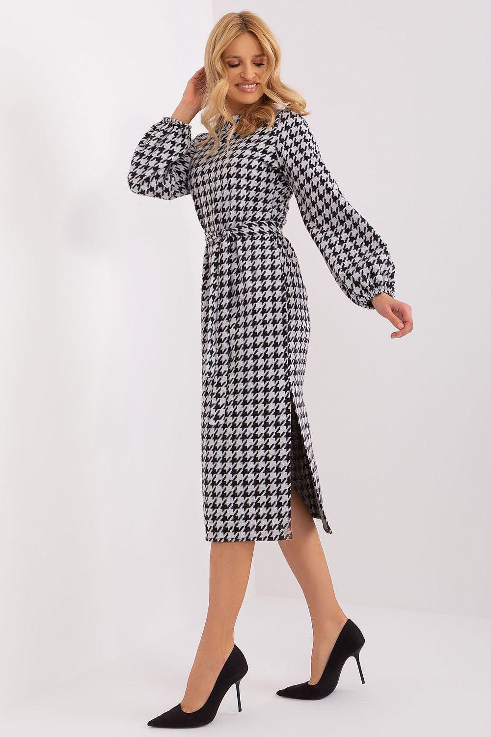 Houndstooth day dress, long sleeves, high neck, side slit, black-and-white