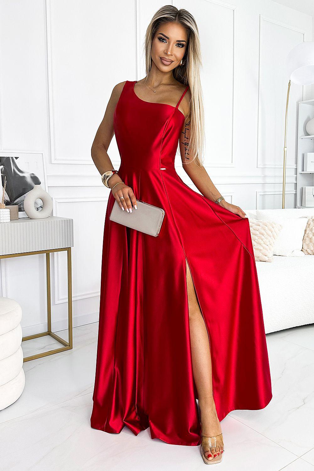 Red long satin dress with thin straps, square neckline, thigh-high slit