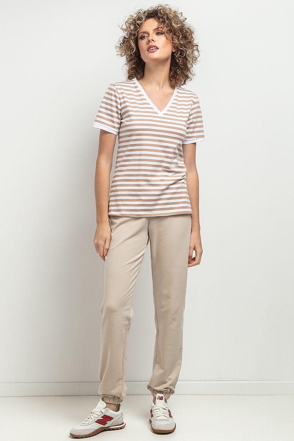 Beige striped V-neck blouse, short-sleeve cotton knit