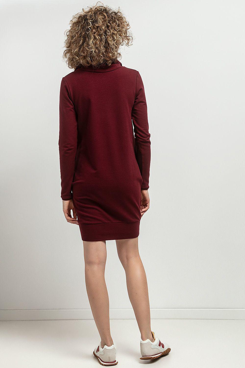 Women’s cowl-neck daydress in dark red from back view, long sleeves, above-knee length