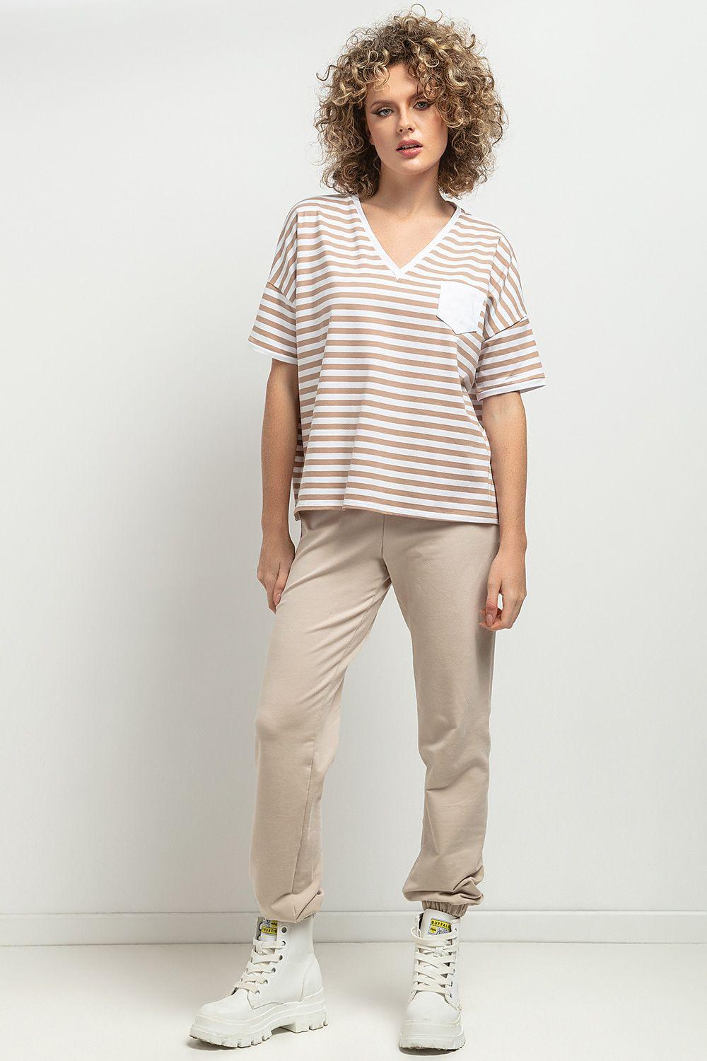 Tessita striped blouse, short sleeves, V-neck, beige/white with chest pocket