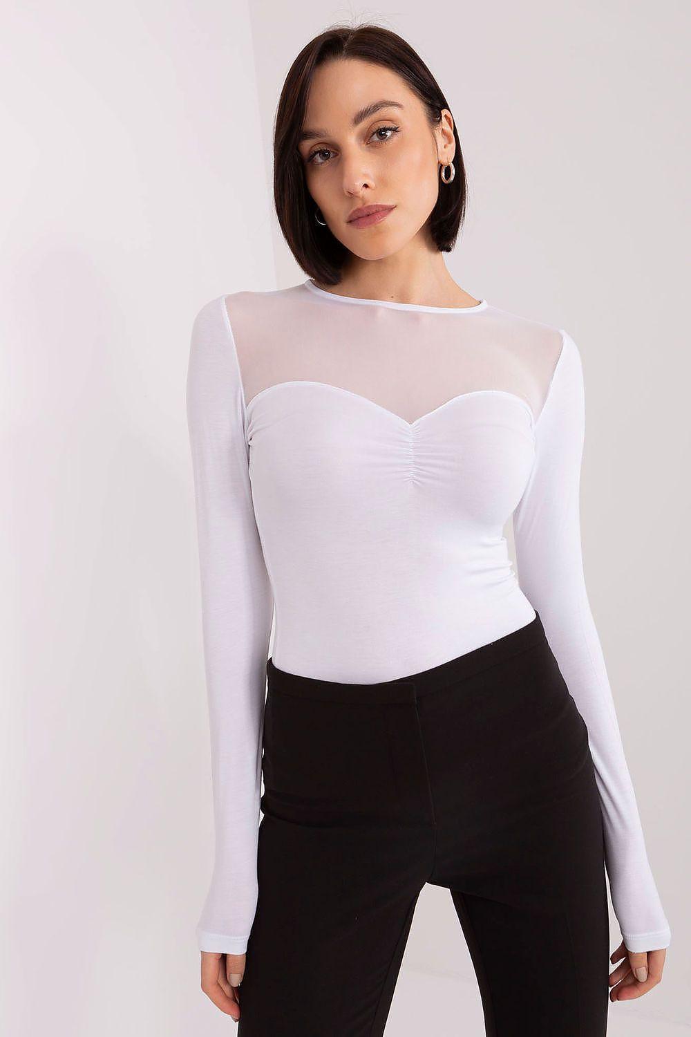 White long-sleeve blouse with square neckline and fitted ruched bust