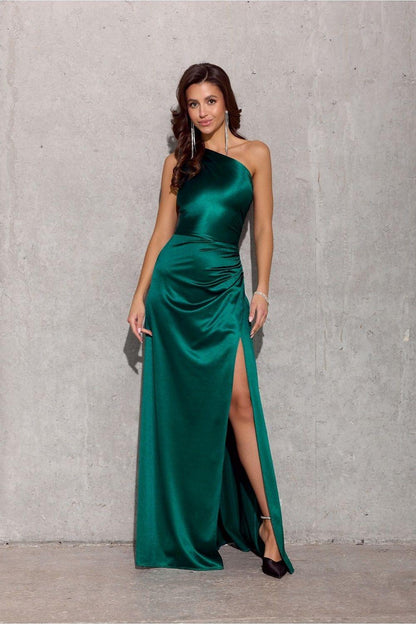 Long satin one-shoulder dress in green with floor length and side slit