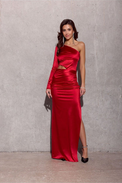 Red satin one-sleeve cutout maxi dress with side slit