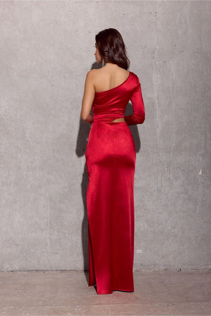 Red satin one-sleeve maxi dress with open back and side slit
