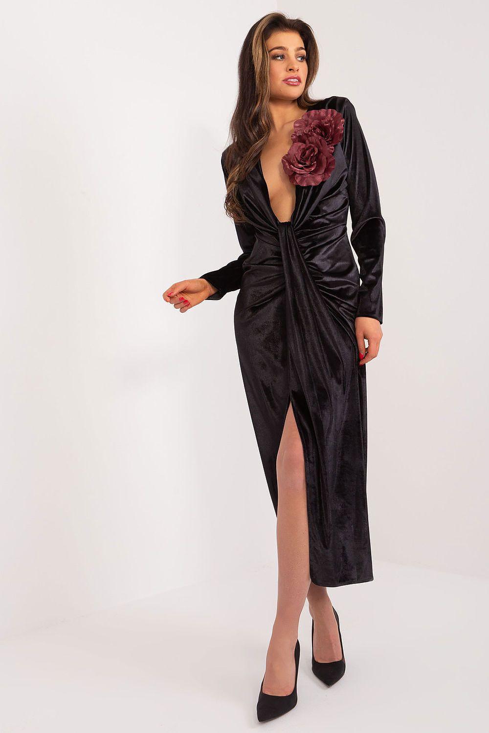 Black velour evening dress, V-neck, front slit, detachable floral accent