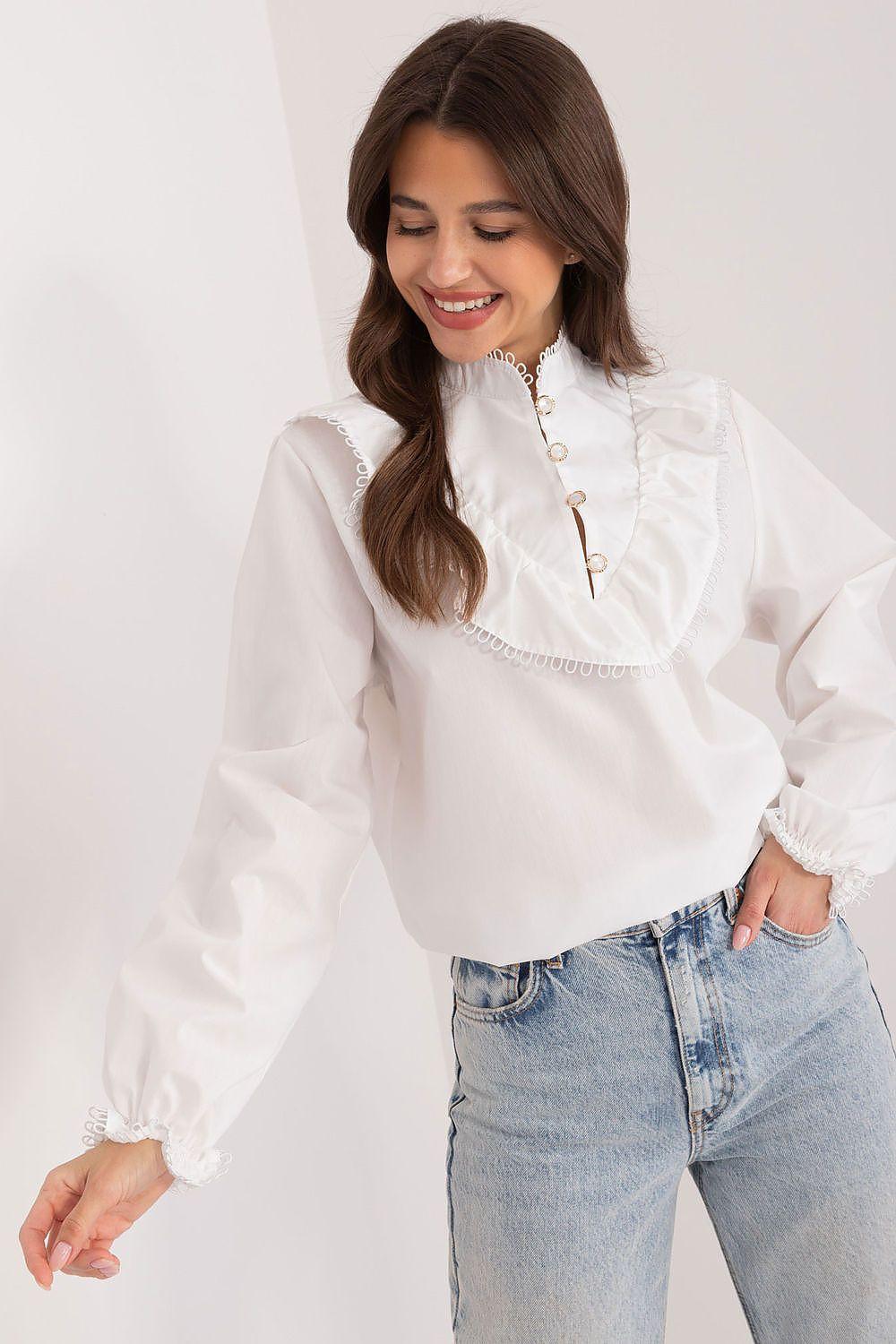 White Lakerta blouse with ruffled high neck, button front, long sleeves