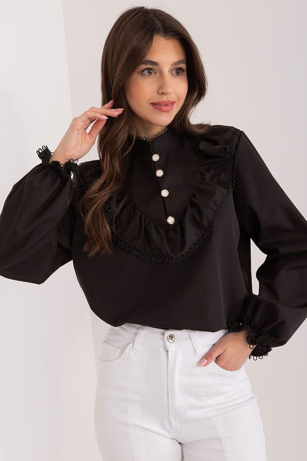 Black cotton blouse with stand collar, ruffled front, and long sleeves
