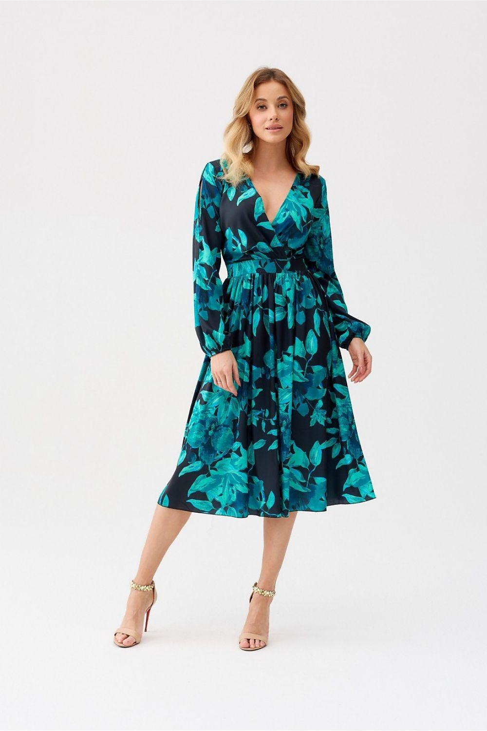 Teal and black leaf-print cocktail dress, V-neck, long sleeves, gathered waist, midi