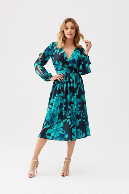 Teal and black leaf-print cocktail dress, V-neck, gathered waist, flared skirt