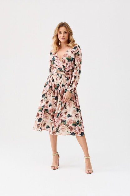 Floral cocktail dress with pink and rose print, V-neck, long sleeves, flared midi skirt