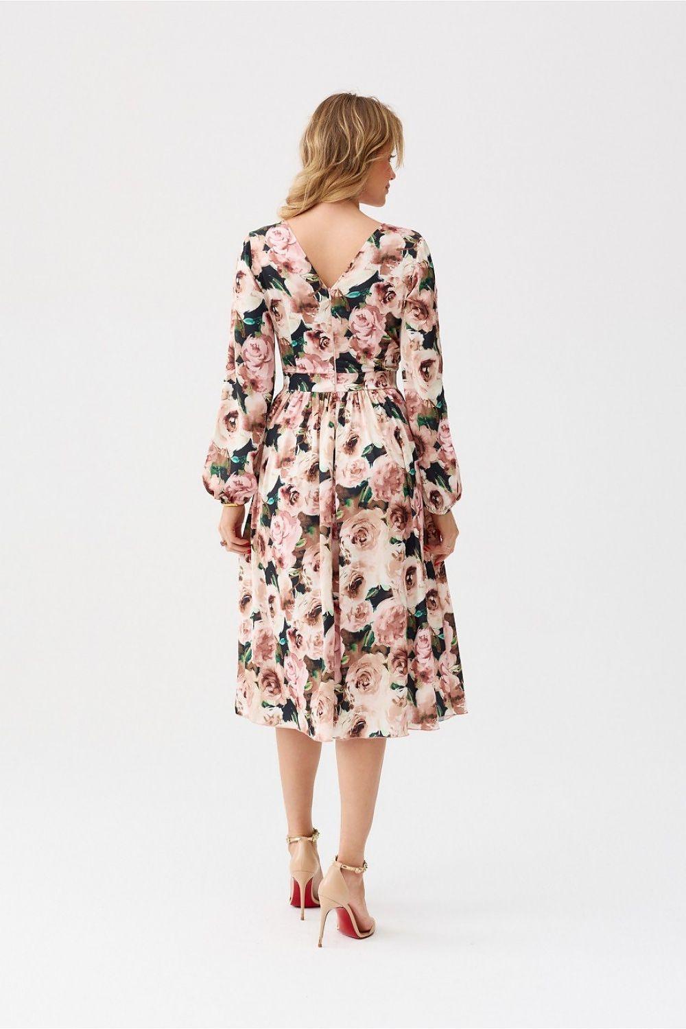 Floral cocktail dress with pink rose print, V-back, long sleeves, midi skirt