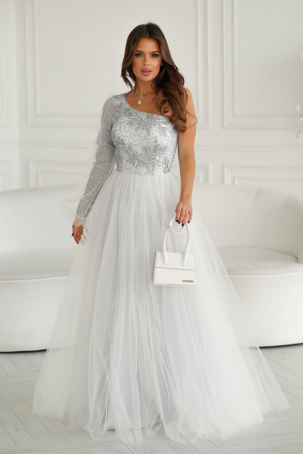 Grey one-shoulder lace mesh maxi prom dress with long flared tulle skirt