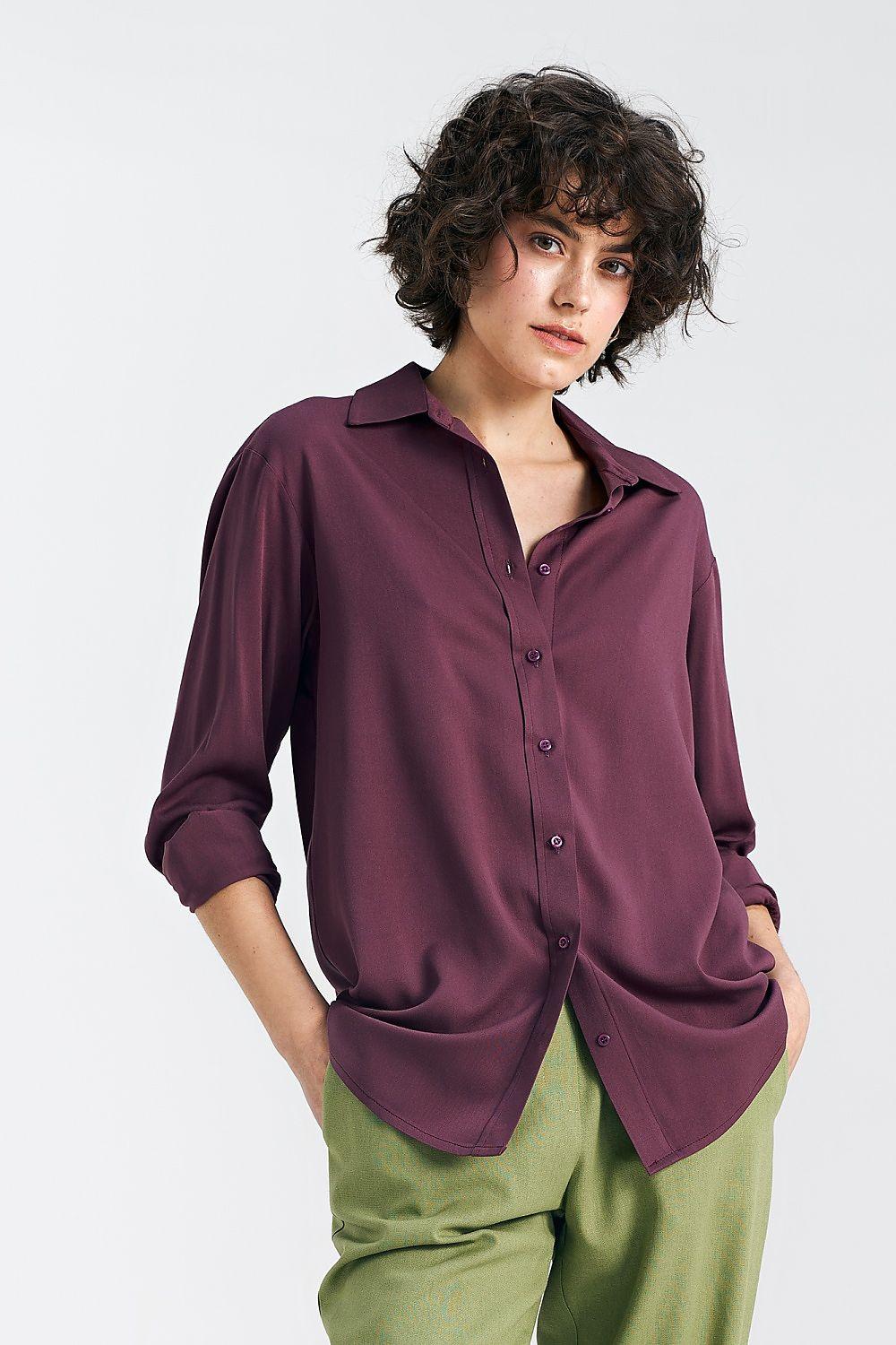 Nife long-sleeve violet button-up with collar, cuffs, and front pockets