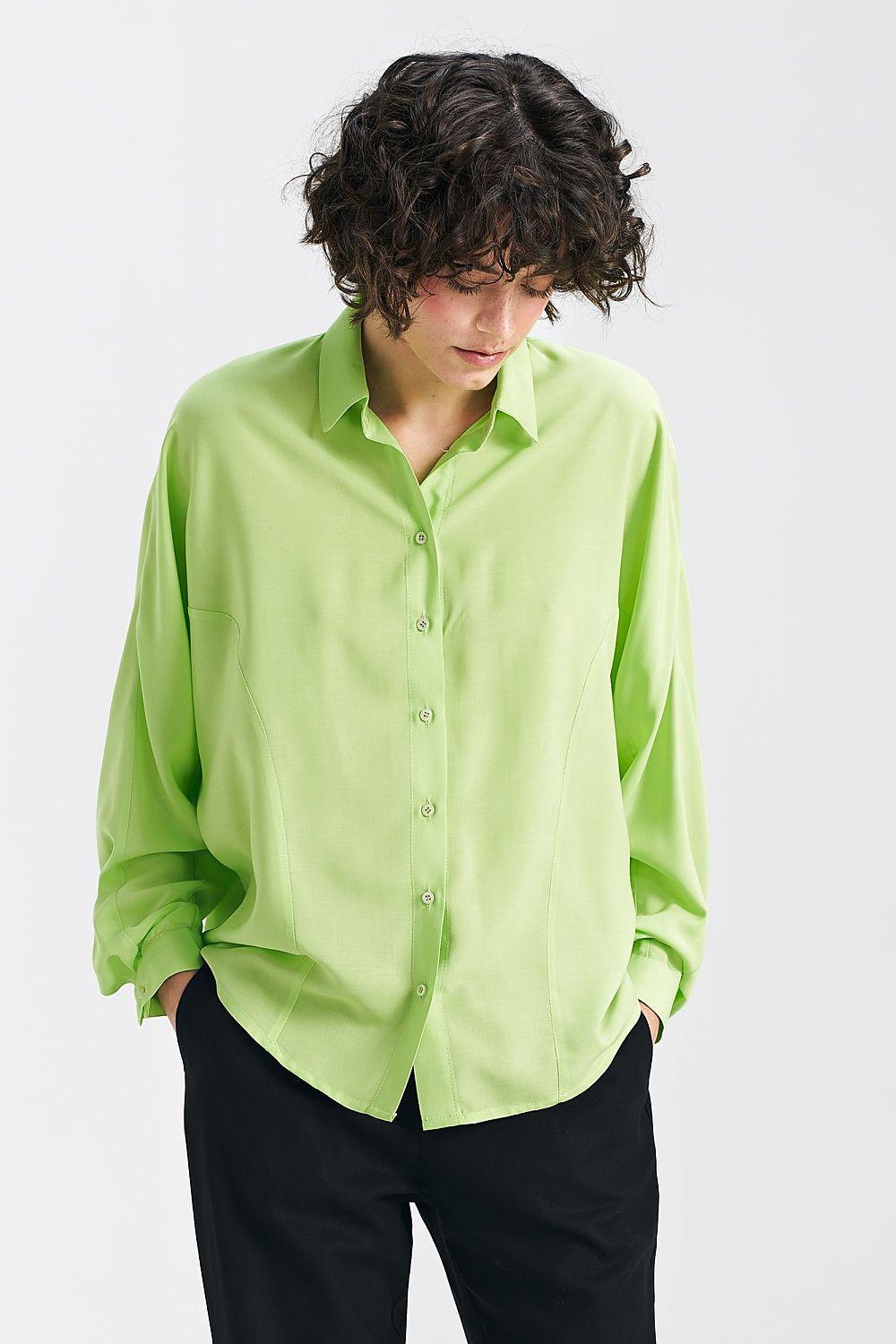 Green long-sleeve button-up shirt with pointed collar