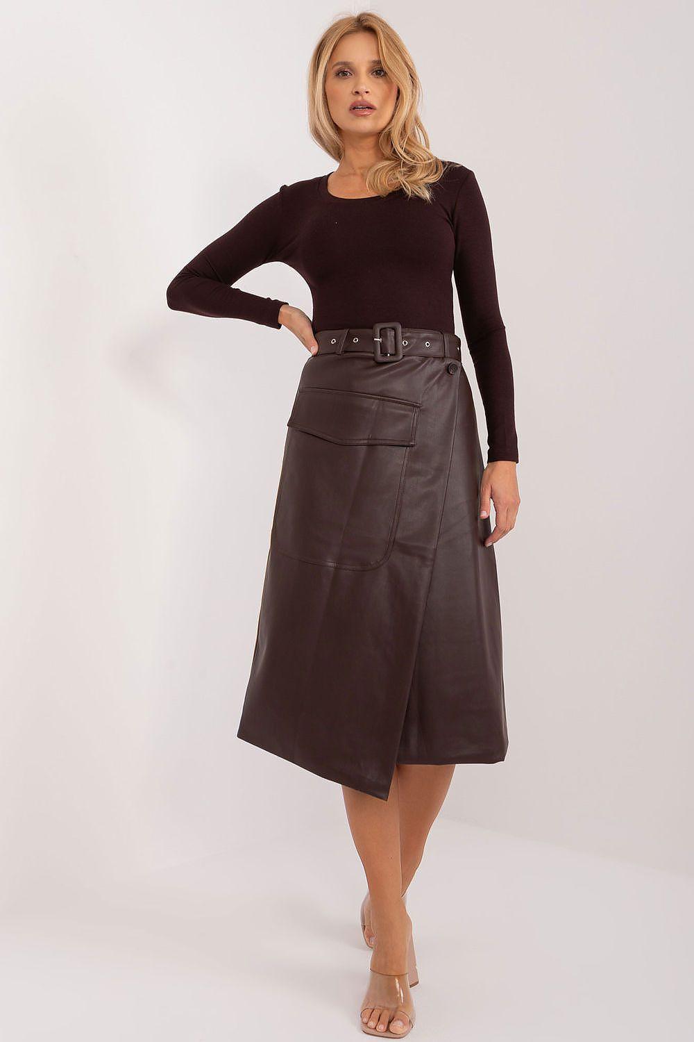 Eco-leather midi skirt with envelope front, dark brown, belted waist detail