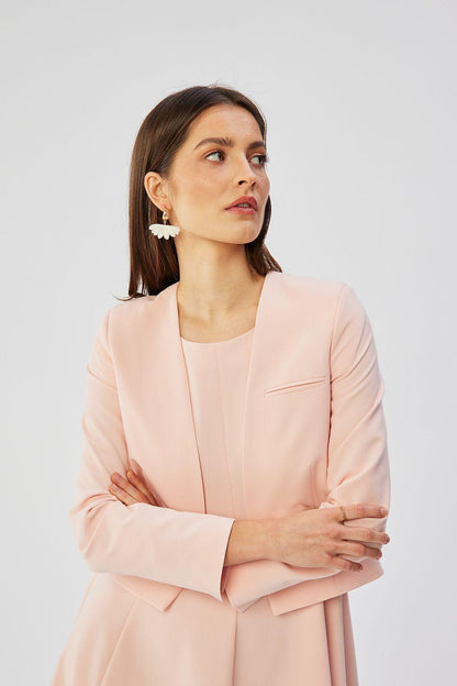 Blush pink collarless short jacket with long sleeves and front pocket