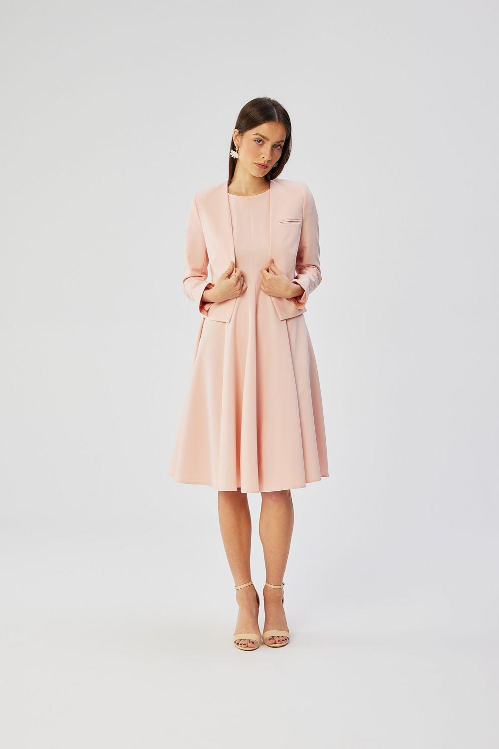 Blush pink collarless short jacket with long sleeves and buttonless front