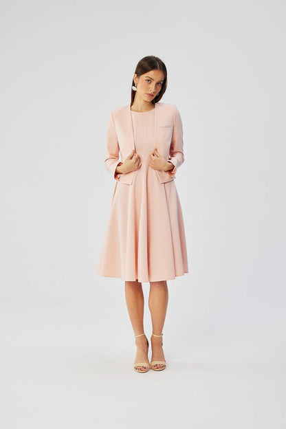 Blush pink collarless short jacket with long sleeves and buttonless front