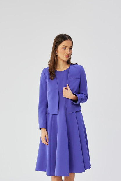 Royal blue collarless short jacket with long sleeves and front pockets