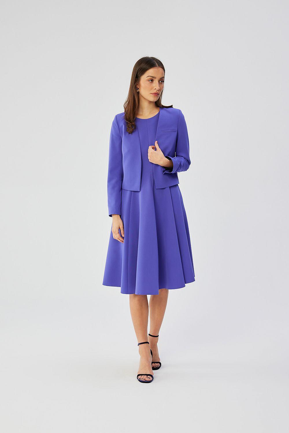 Royal blue collarless short jacket with long sleeves and round neckline