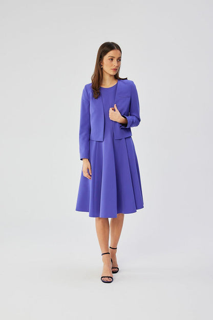 Royal blue collarless short jacket with long sleeves and round neckline