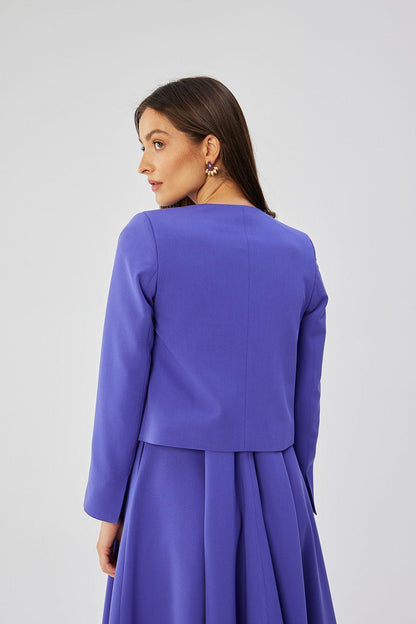 Royal blue collarless short jacket, back view with long sleeves