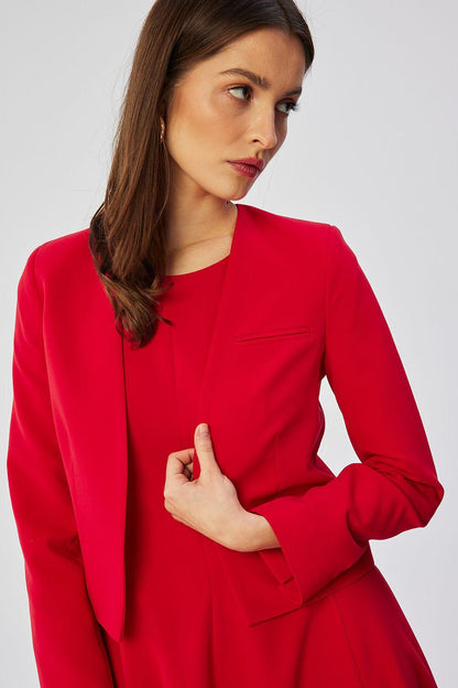 Red collarless short jacket with long sleeves and front pocket detail