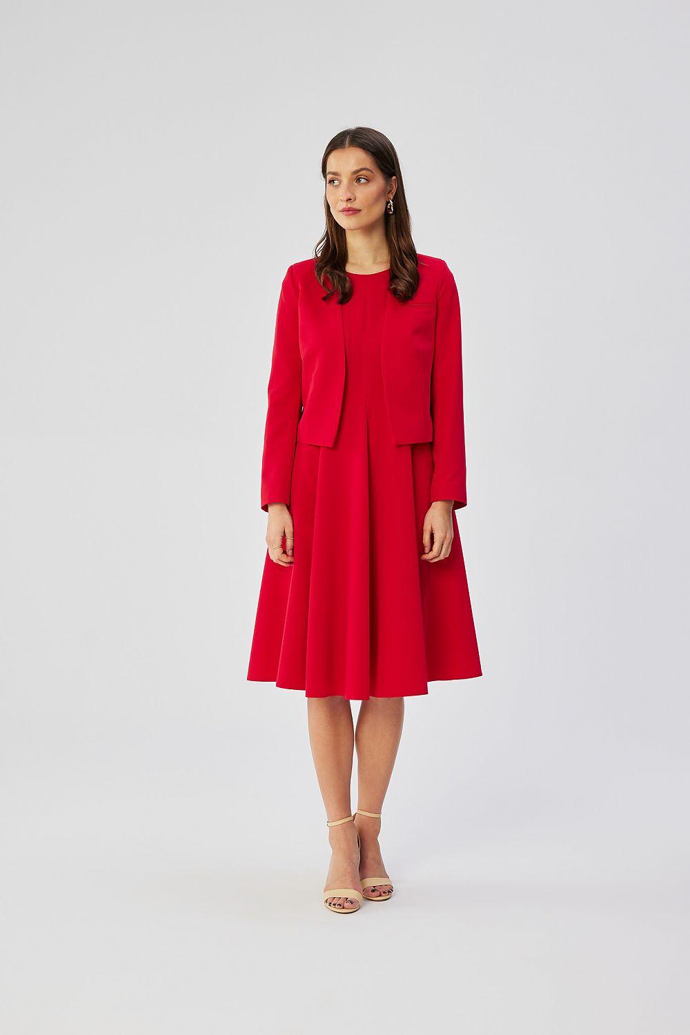 Red collarless short jacket with long sleeves and waist seam