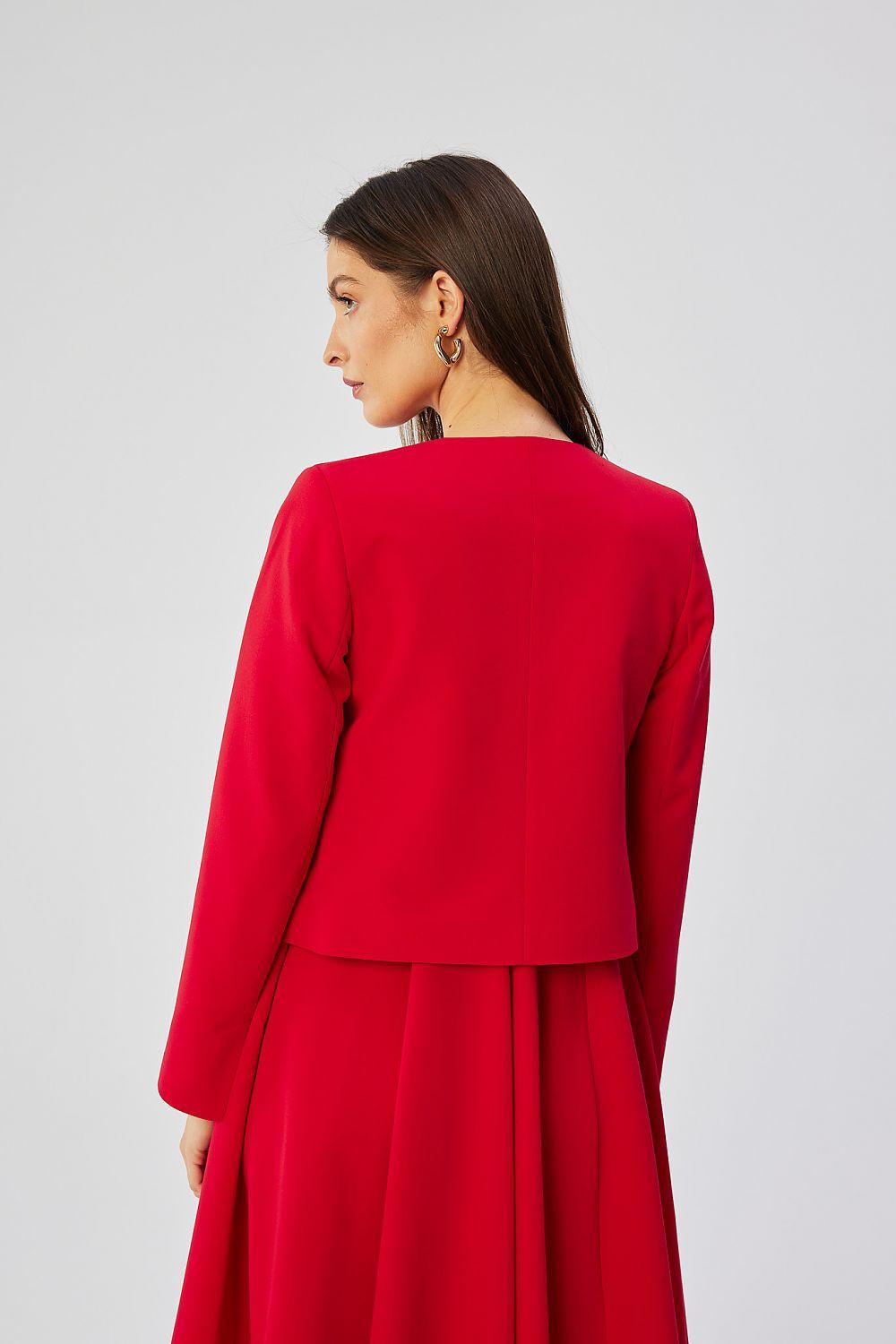 Red collarless short jacket, back view with long sleeves