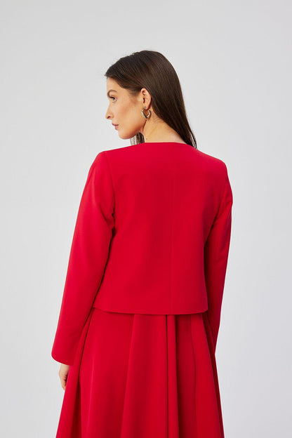 Red collarless short jacket, back view with long sleeves