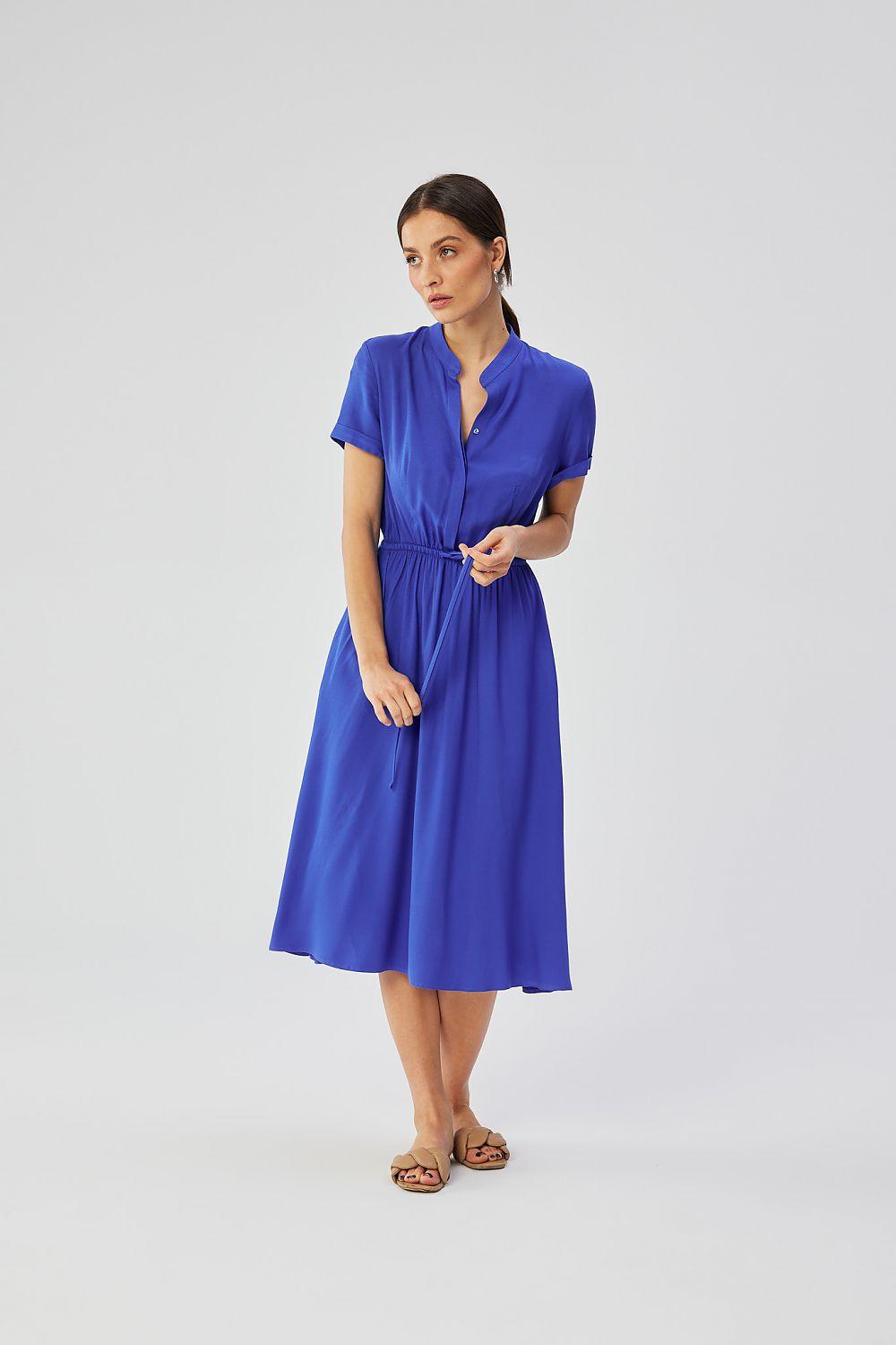 Blue short-sleeve daydress with V-neck and drawstring waist