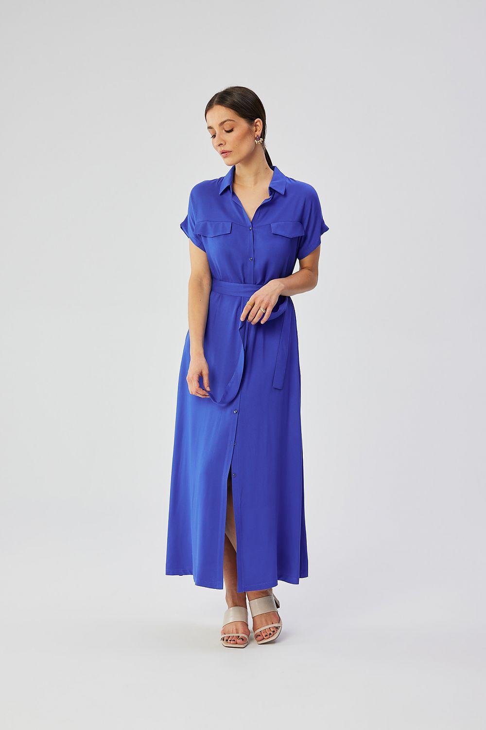 Blue daydress with short sleeves, button front, and waist tie belt.