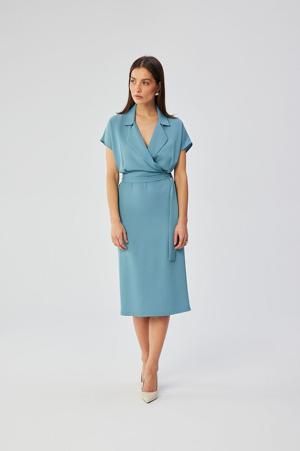 Teal blue wrap day dress with V-neck, short sleeves and tied waist belt.
