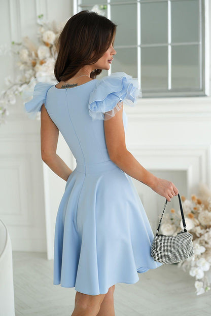 Light blue back-view cocktail dress with ruffled shoulders and flared skirt