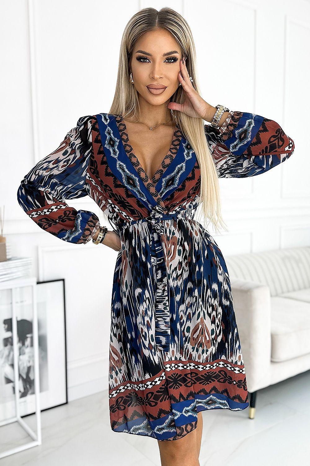 Multicolor patterned daydress with V-neck, long sleeves, and tie waist