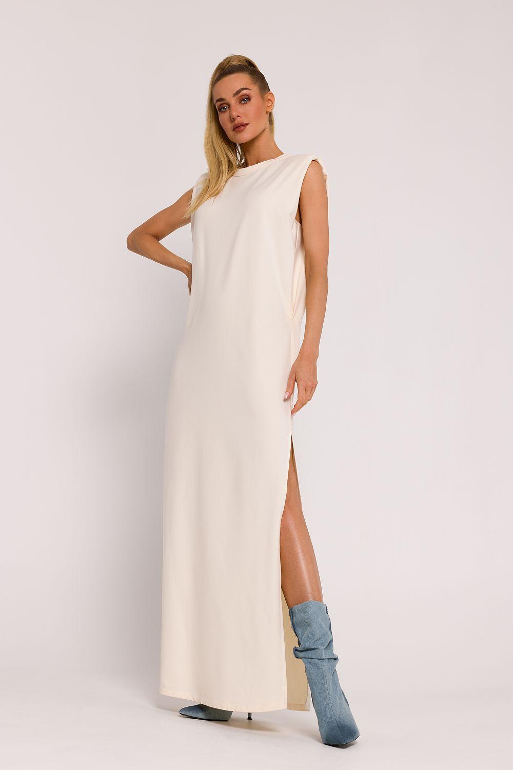 Off-white sleeveless maxi day dress with side slit and high neckline