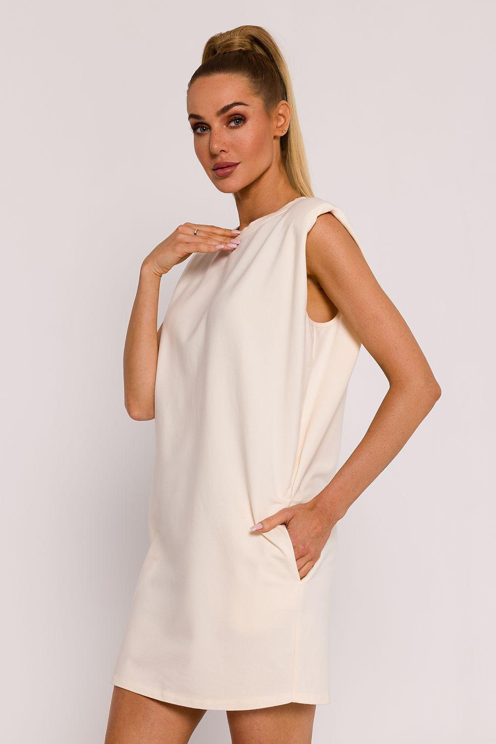 Cream sleeveless daydress, high round neck, straight hem
